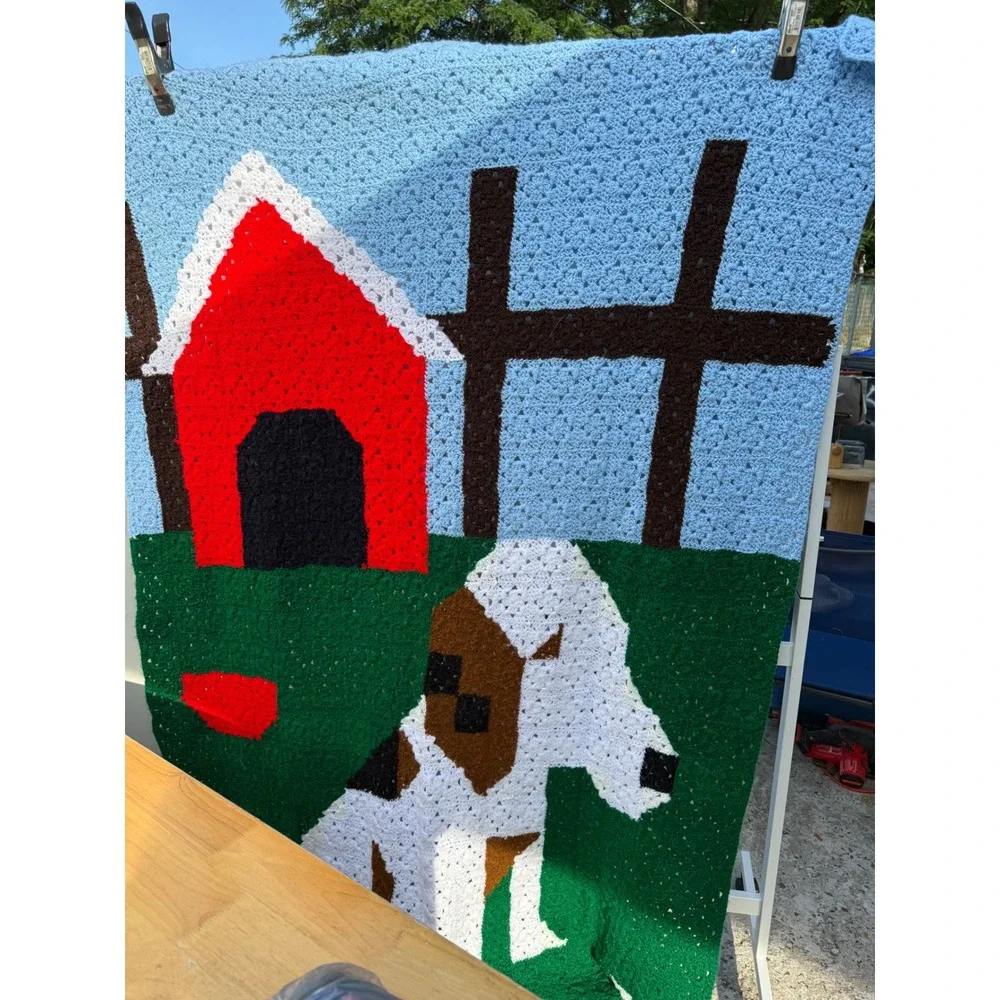 Handmade Crochet Dog Afghan Blanket Red Doghouse Bone Puppy Throw Green Blue